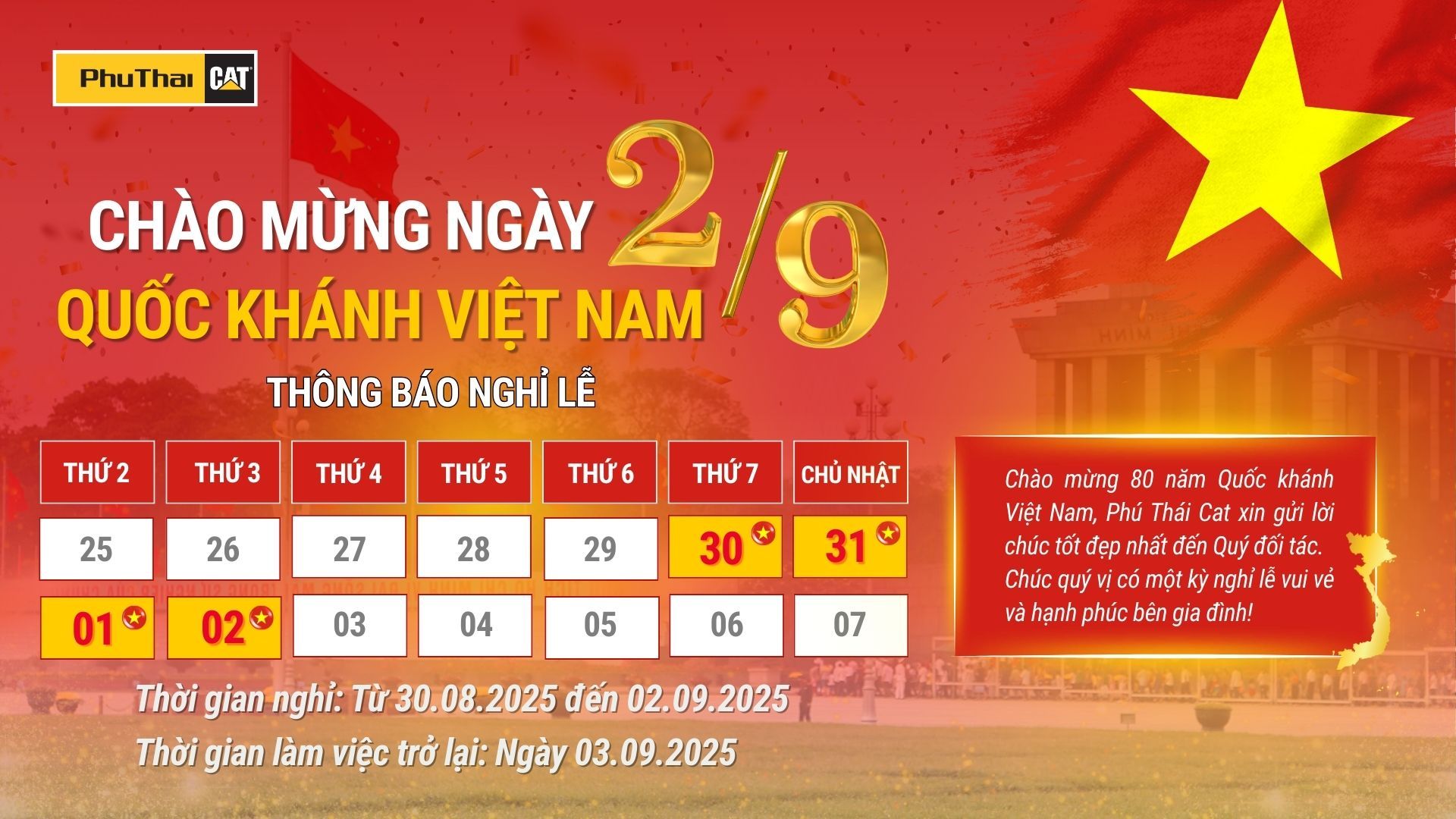Phú Thái Cat Thông Báo Nghỉ Lễ Quốc Khánh 2/9